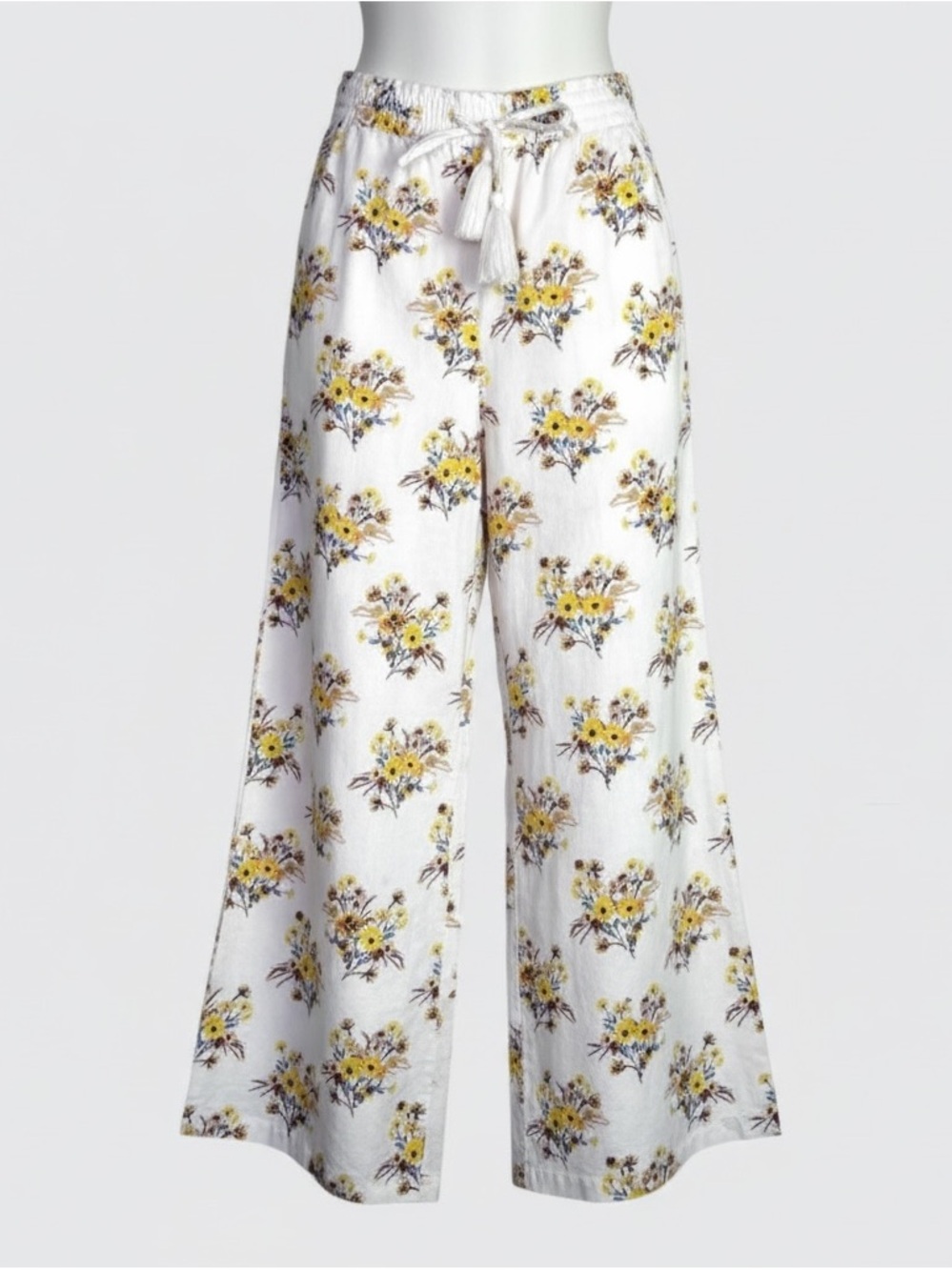 Happy X Nature 100% Cotton Wide Leg Relaxed Off White With Floral Print W's Med.